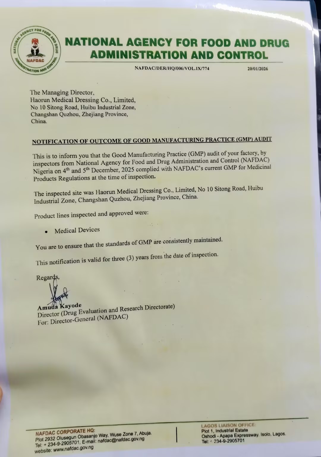 Haoruni meditsiinitooted saavad Nigeerias ametlikult NAFDAC-i registreerimissertifikaadi